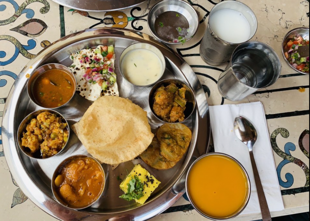 Platter of food at the vegetarian Thali buffet at Rajdhani restaurant